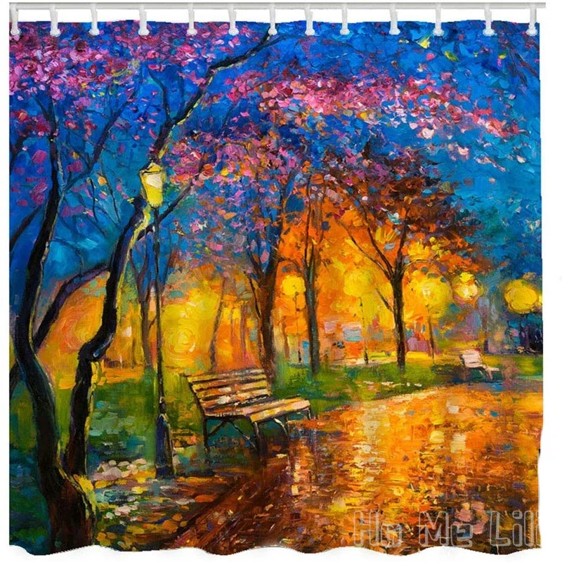 Tree By Ho Me Lili Shower Curtains Oil Painting Of Park Forest Bench Sakura Flower Leaves  Autumn Bathroom Set Home Decorative