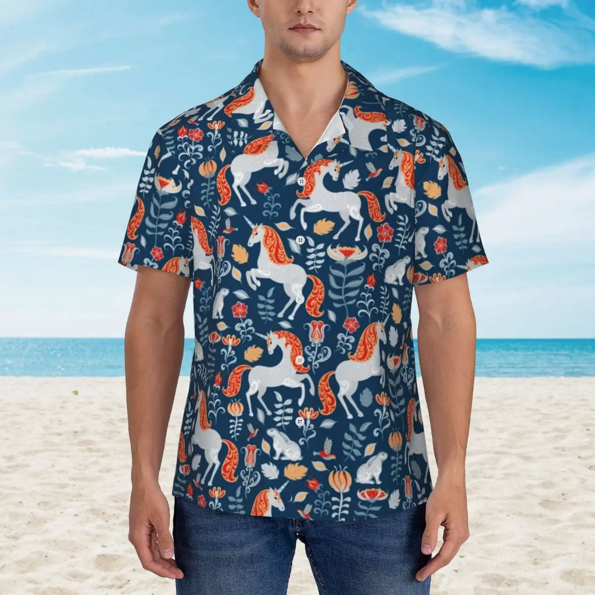 

Cartoon Horse Vacation Shirt Men Unicorns Rabbits Birds Flowers Print Casual Shirts Hawaiian Custom Vintage Oversize Blouses