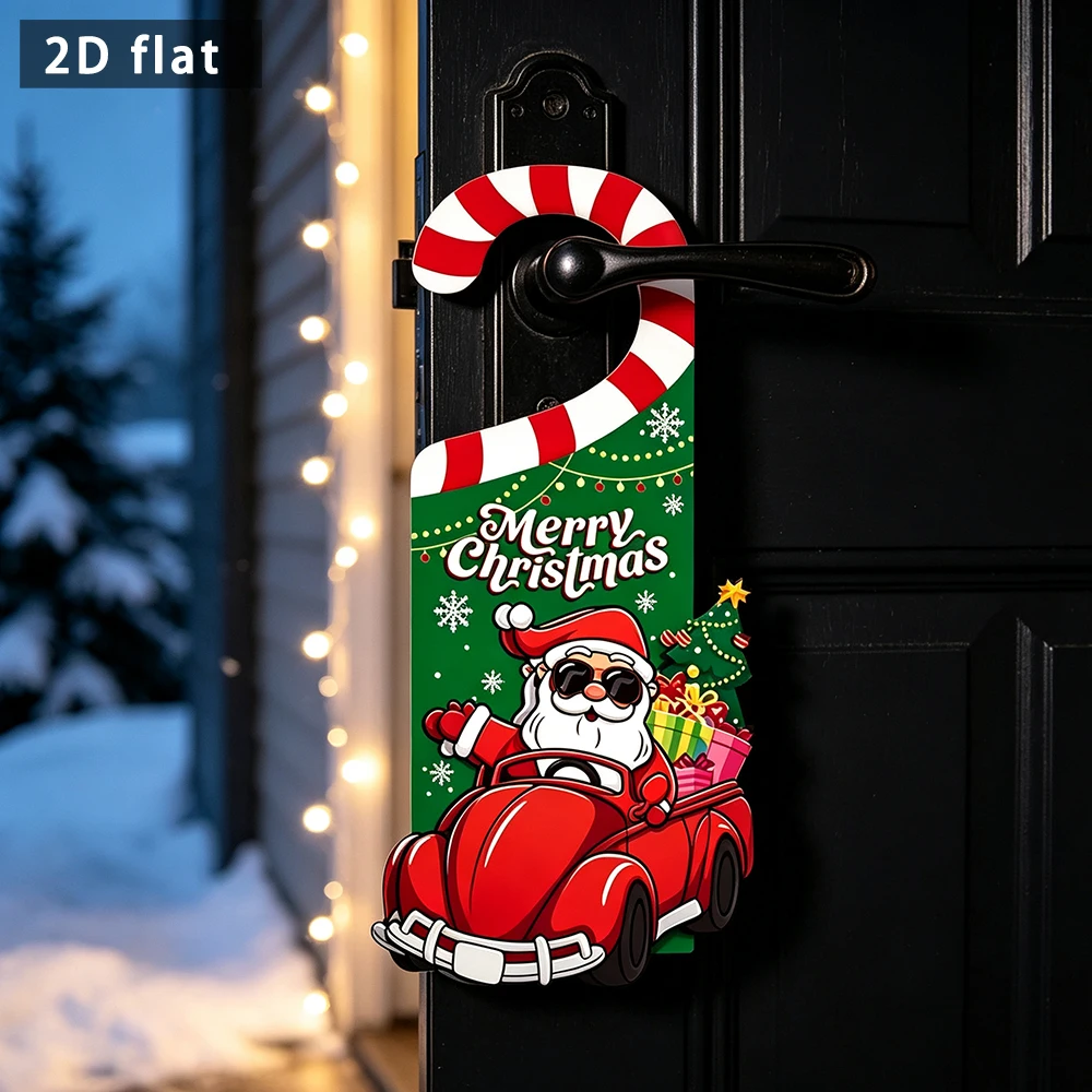 Wooden Christmas Santa Red Truck Door Hanger Sign, 2D Flat Merry Christmas Plaque, Xmas Door Handle Decor Ornament
