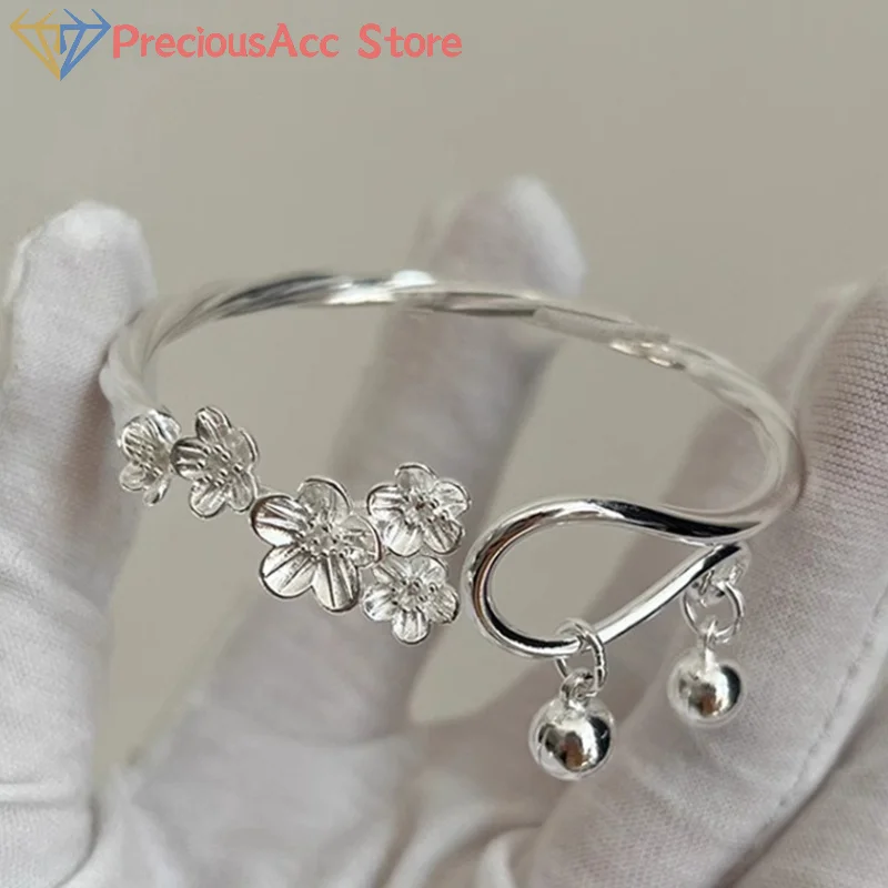 New Plum Blossom Bell Bracelet Chinese Style Retro Silver Color Cuff Bracelets For Women Flower Open Bangle Bracelet Jewelry