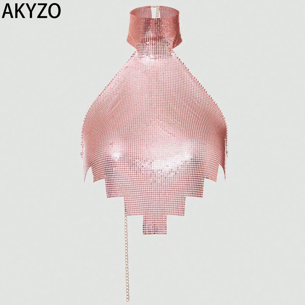 AKYZO Metallic Mesh & Rhinestone Detail High-Neck Halter Top With Backless Design For Summer