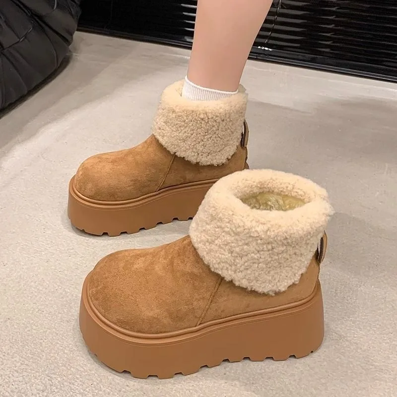 

Winter Thick Bottom Women Cottom Shoes Warm Suede Leather Platform Shoes Outdoor Non Slip Fleece Lined Female Casual Ankle Boots