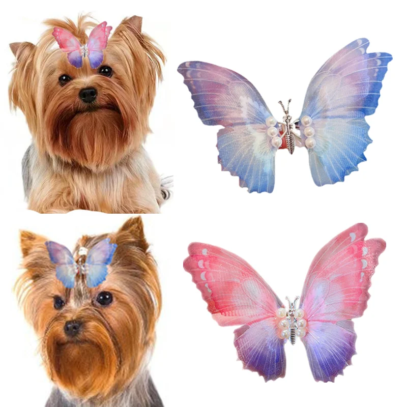 

New Butterfly Dog Hairpin Moving Gradient Hair Clip Pet Dog Three-Dimensional Barrettes Pearl Pet Hair Accessories