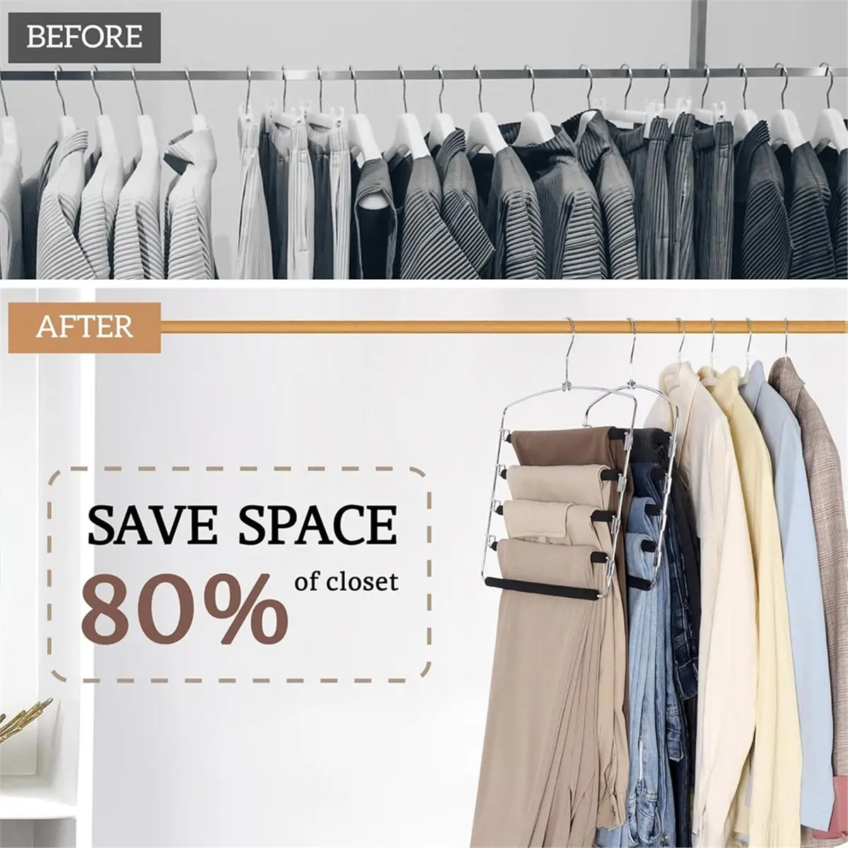 Space-Saving Trouser Hangers, 4-Pack, 5-Layer Trouser Racks, with Non-Slip Rotating Arms, Suitable for Wardrobe Storage.
