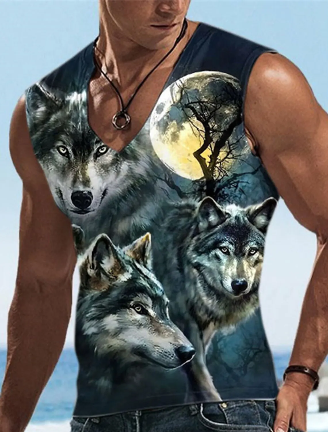 Fashion Design Sleeveless Print Summer Men\'s Lion Pattern Sleeveless Print V Neck Breathable Bottom Shirt Fitness Tank Top