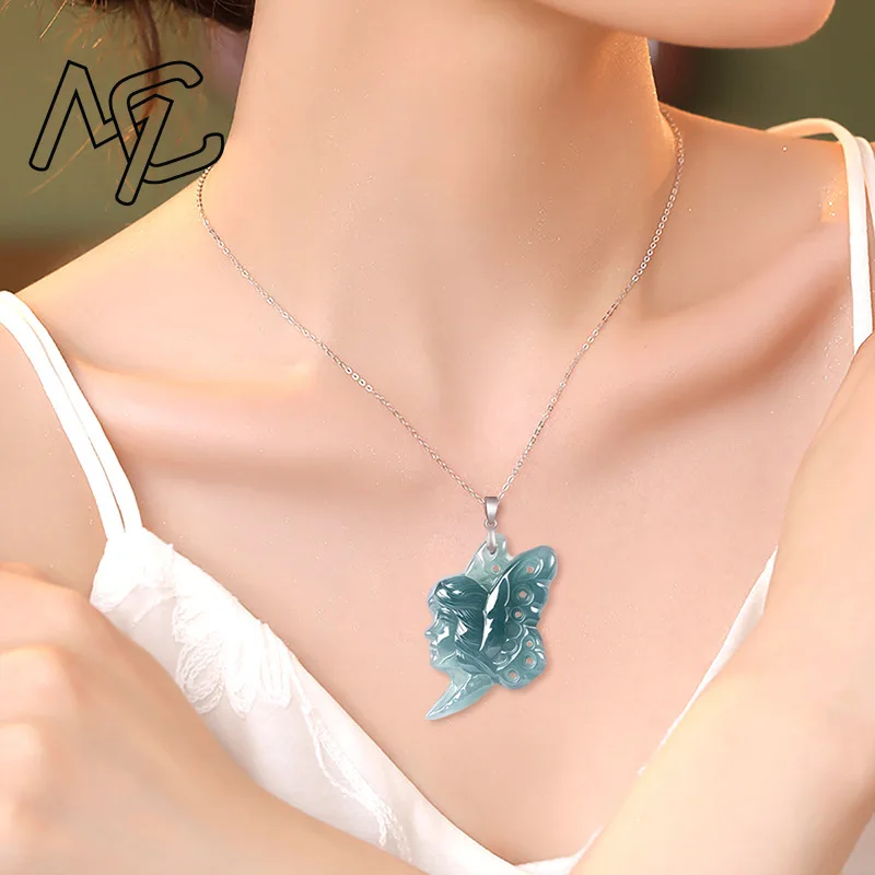 S925 Silver Natural Blue Water Jade Butterfly Fairy Pendant Necklace Real Carved Charm Jadeite Jewelry Fashion Amulet Gift Women view 4