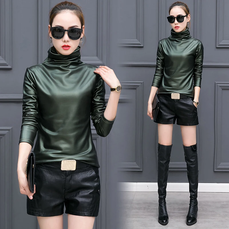 Large size 4XL punk turtleneck t-shirt comfortable PU leather t shirt women long sleeve velvet warm winter basic blusas shirts