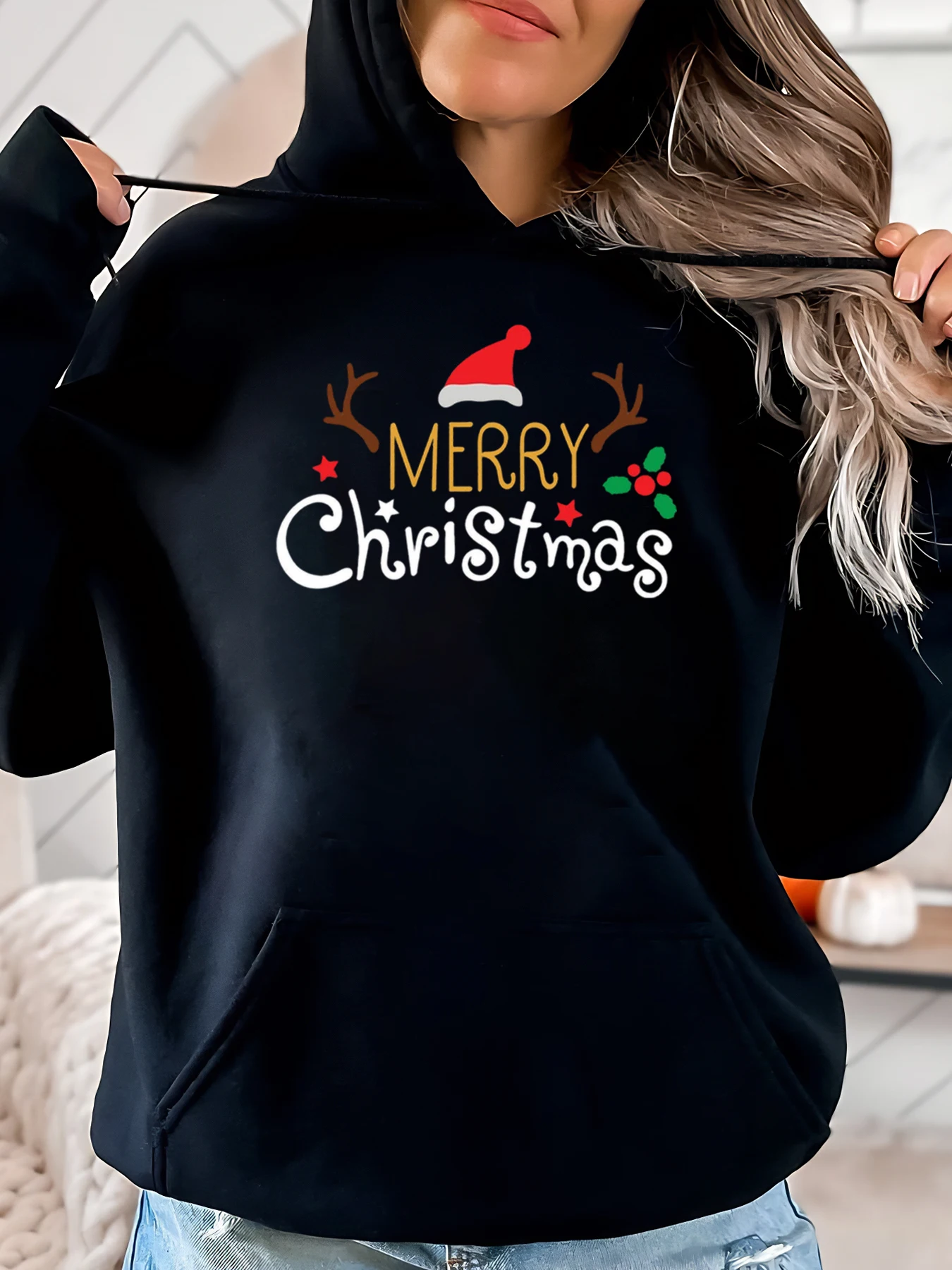 Frohe Weihnachten Rentier Santa Hat Print Hoodie Damen Winter Urlaub Freizeitkleidung Schwarz Plus-Size