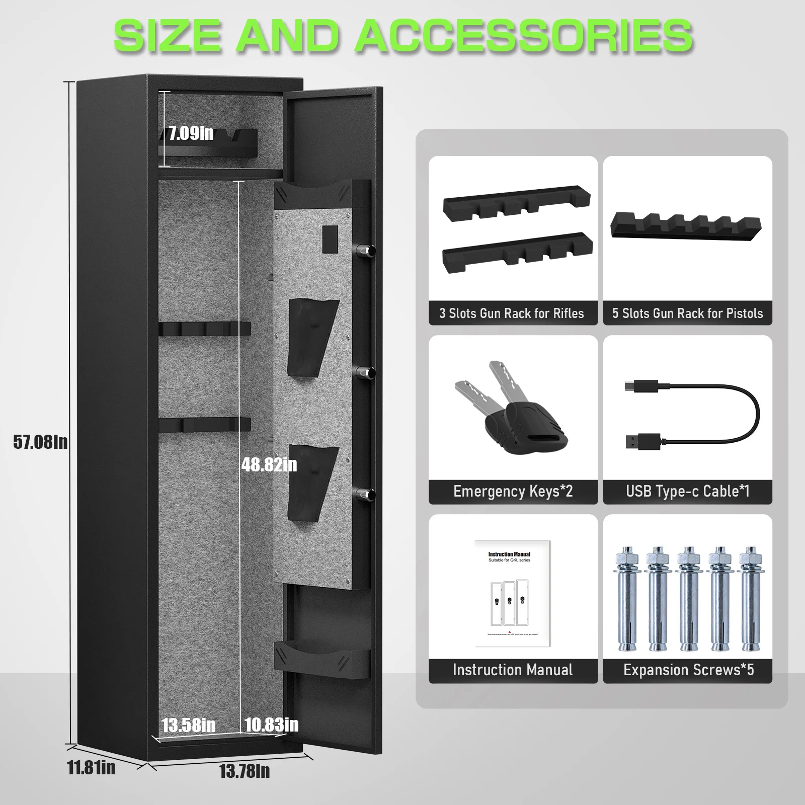 Fingerprint Quick Access Gun Safe with Silent Mode and Alarm System，Gun Cabinet with Removable Shelf and 3 Adjustable Gun Slots