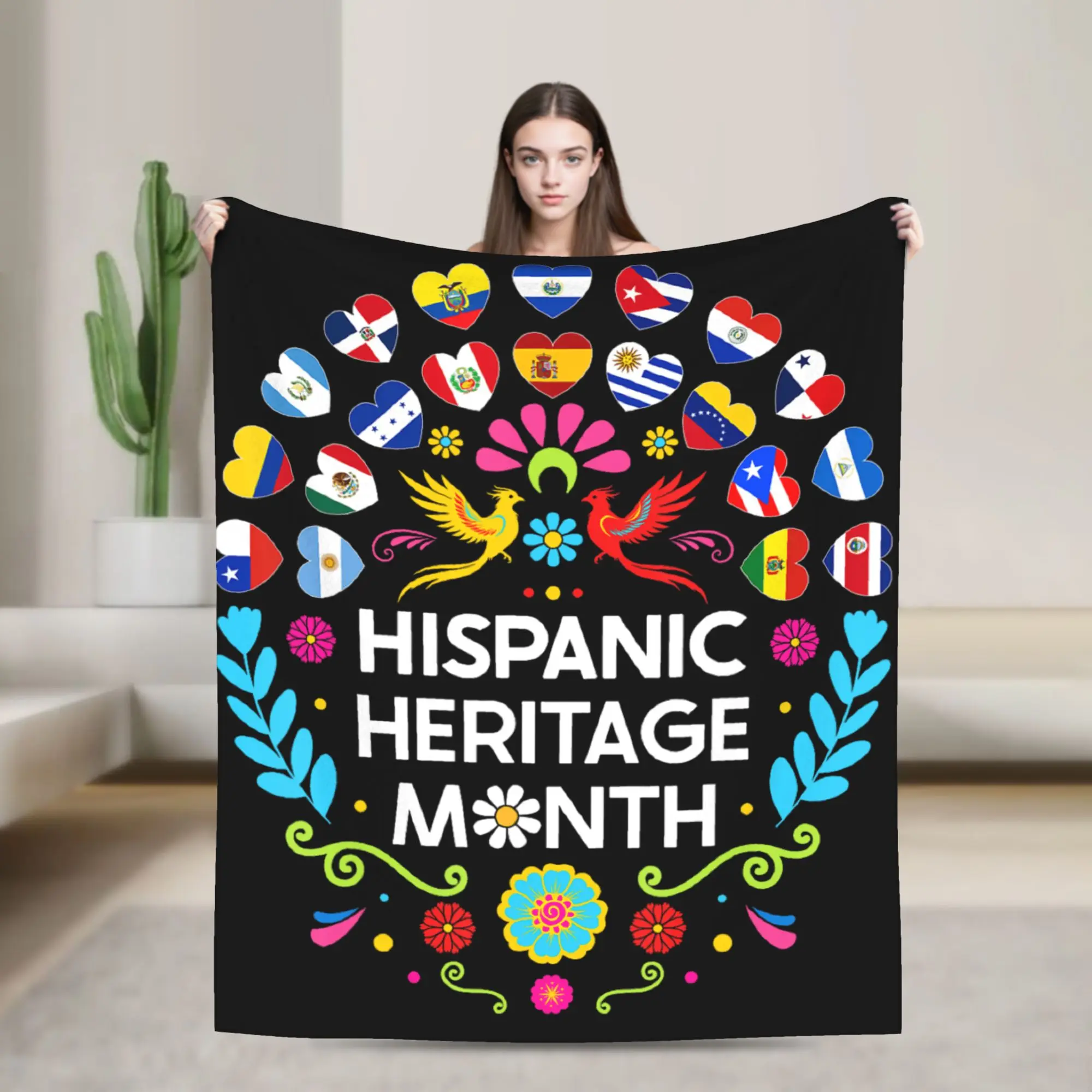 National Hispanic Heritage Month All Countries Flags Hearts Blankets Winter Soft Comfy Throw Blanket Flannel Bedspread Bed Cover