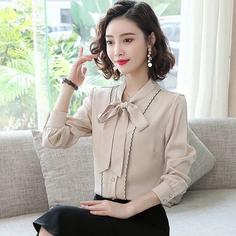 Solid Color Bow Tie Long Sleeved Quality Shirt for Women Spring Autumn New Simulated Silk Western Style Temperament Elegant Top