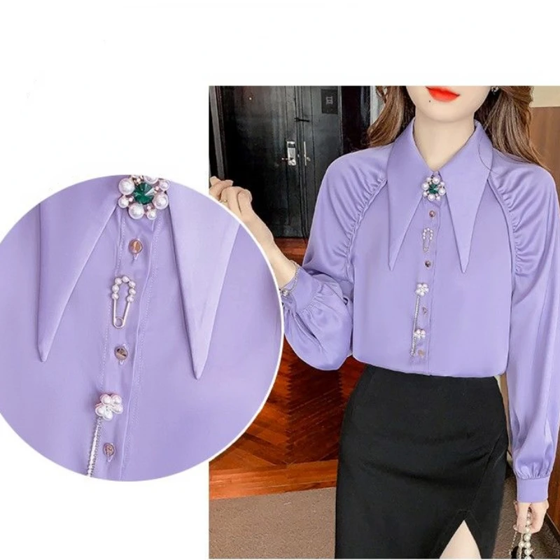 Designer Women Clothing Shirts Long Sleeve Large Pointed Lapel Korean Chic Pearls Leopard Print Office Lady Blouse Tops Mujer
