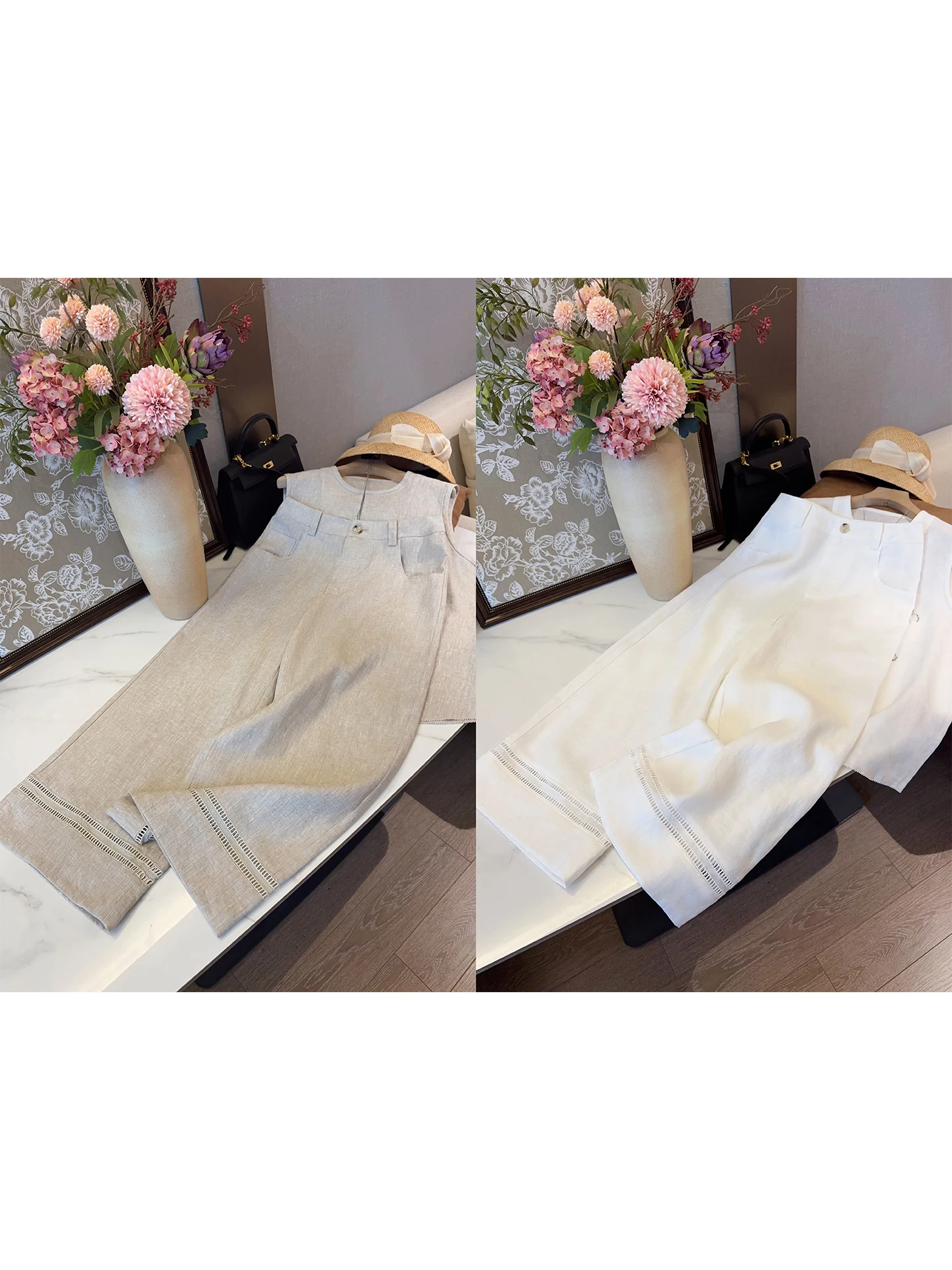 

Crisp Artistic Hollow out Linen Straight Leg Pants High Waist Loose Wide Leg Casual Nine Point Pants for Women Summer Slimming