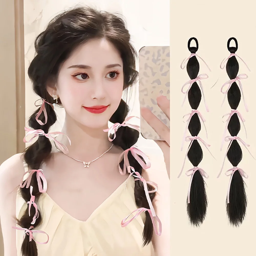 

synthetic wig Natural Twist Braid Bubble Ribbon Bowknot Wig Y2K Hottie High Ponytail Braided Happy Vacation Hair Extension