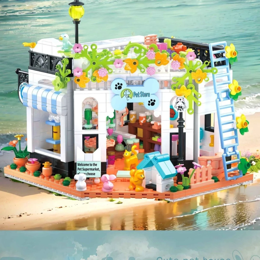 MOC น่ารักแมวสุนัขสัตว์เลี้ยง House Building Blocks ชุด Leisure Store ซูเปอร์มาร์เก็ต Shop การศึกษา DIY ของเล่นเด็กวันเกิดวันหยุดของขวัญ