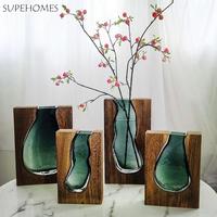 Plant Container Wooden Glass Vase Creative Modern Hydroponic Flower Holder Transparent Exquisite Flower Pot Gift