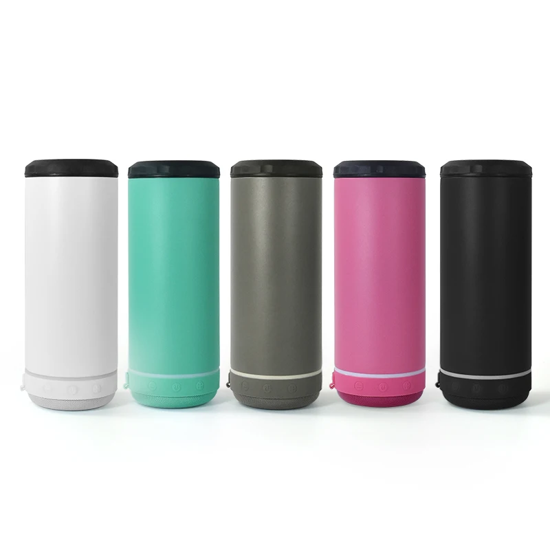 

Wholesale OEM Custom Logo Powder Coated Stainless Steel 16oz Speaker Tumbler Wireless Smart Music Cup 4 in 1 Cooler with 2 Lids