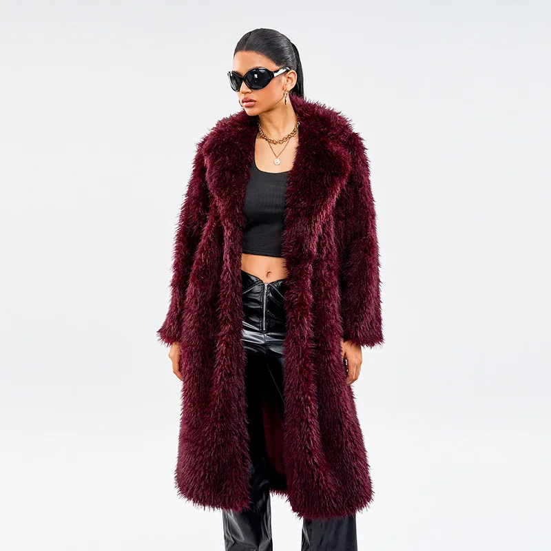 

Luxury Fluffy Burgundy Faux Fur Coat for Women 2025 Winter Warm Loose Long Overcoat Streetwear Outerwear
