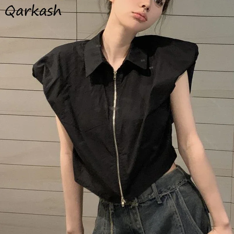 

Рубашки с летящими рукавами, женские эстетические летние рубашки на молнии, однотонная уличная одежда в стиле Харадзюку, корейский стиль, Mujer, повседневная одежда 2023,