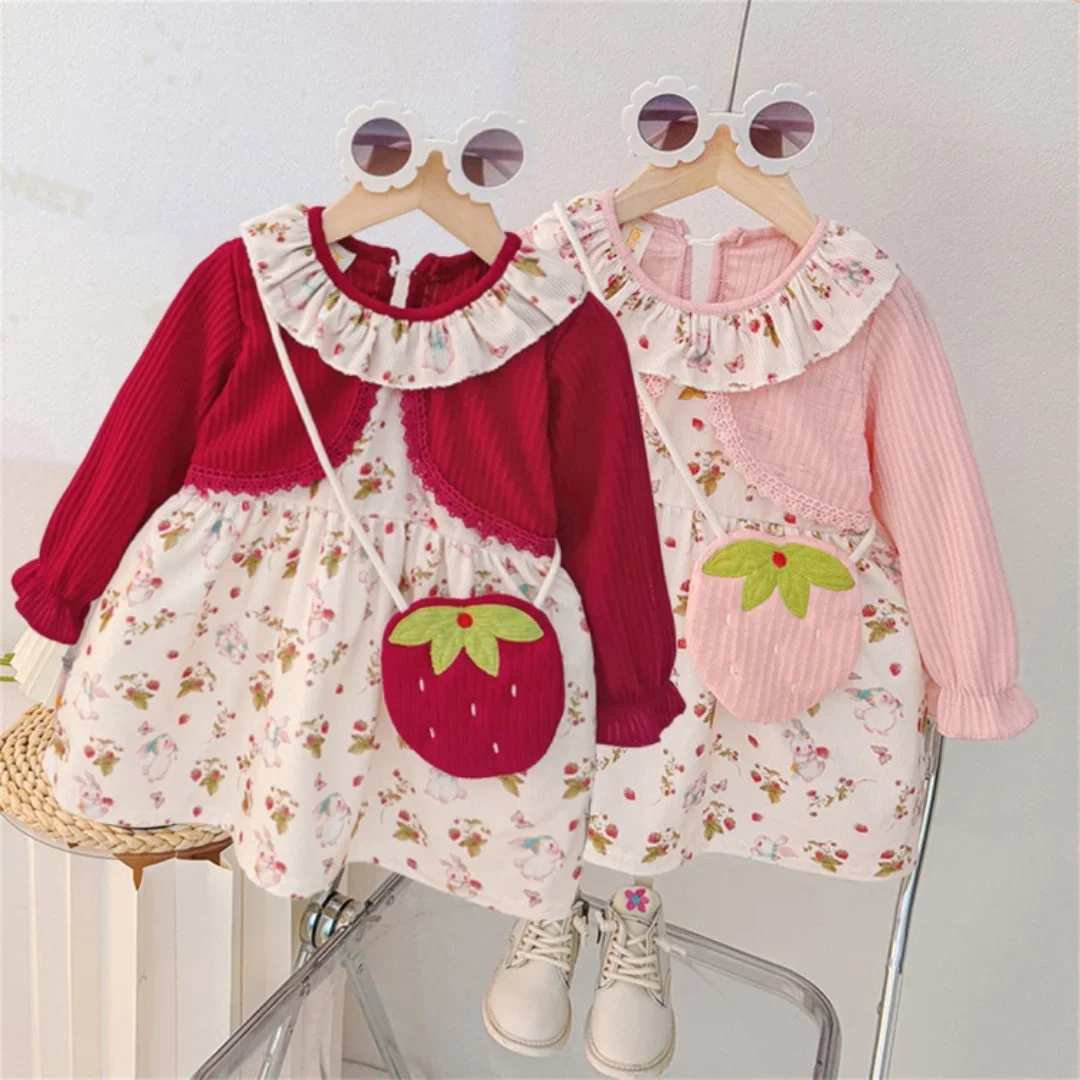 

2025 Autumn 1-4Y Kid Girl Cotton Floral Fake Two-Piece Dress with Ruffle Collar and Strawberry Bag Cute Spring Long Sleeve Dress