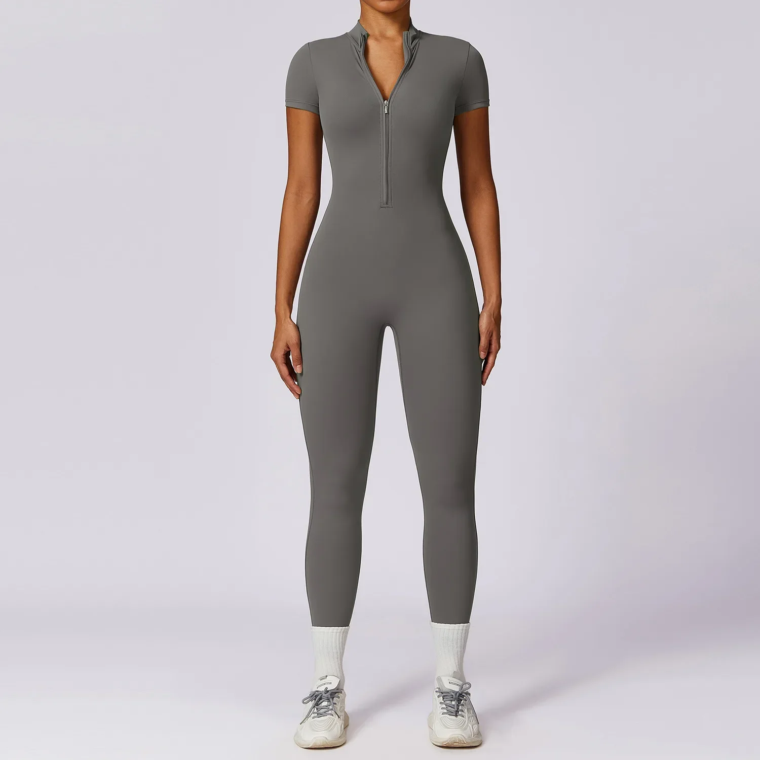 Customized LOGO women\'s European and American zipper short-sleeved nude yoga onesie fitness sports onesie tights