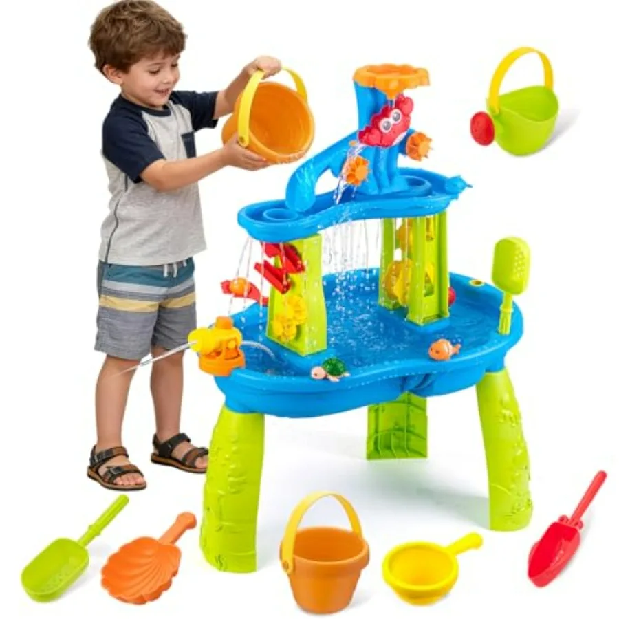 3-Tier Water Tables for Toddlers 3-5: Plastic, Blue, Leak-Proof Design with Rain Shower Splash Pond for Sensory Play