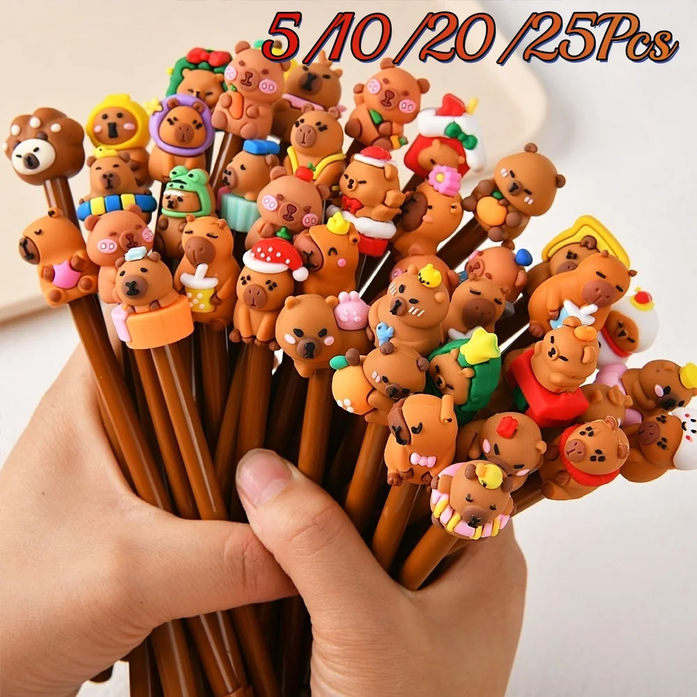 Stylo Gel Capybara de dessin animé, 5 à 25 pièces, design en forme de Kawaii, encre noire, outil d'écriture durable, papeterie scolaire et de bureau, cadeau d'anniversaire