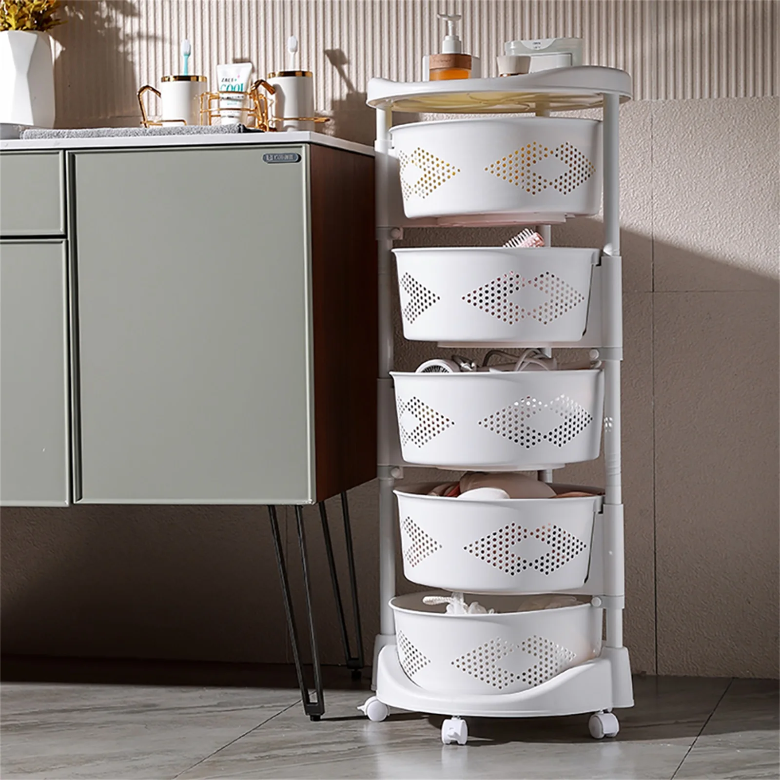 Kitchen Cupboard Shelf, 5-Tier PP Organizer with Large Capacity Baskets, Moisture-proof and Anti-insect Design