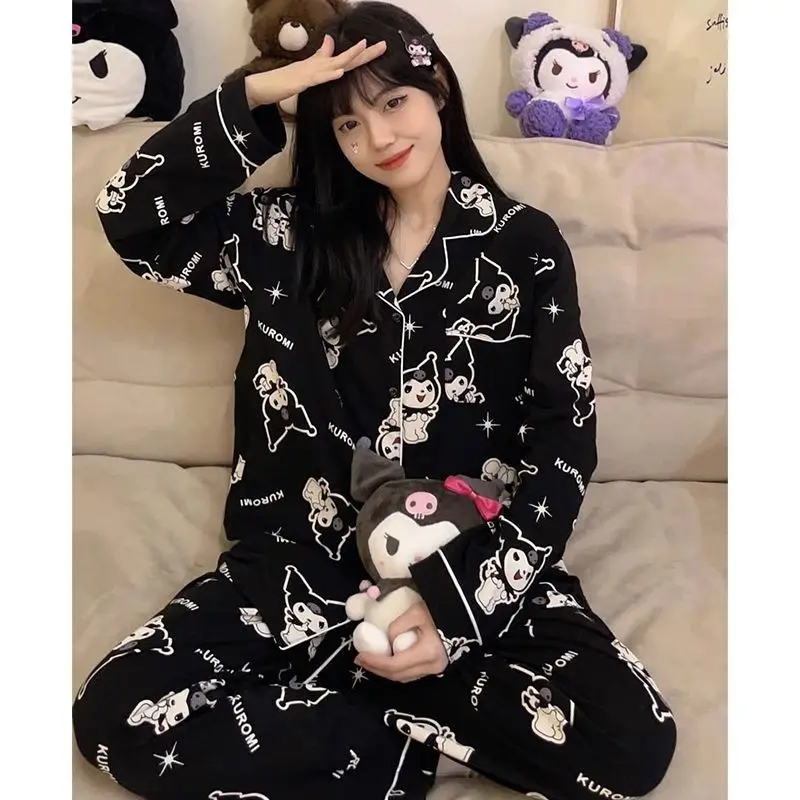 Cartoon Kuromi Black Pajamas Sanrio Spring and Autumn Cute Girl Long Sleeves Trousers Sweet Student Outing Home Wear Set Gift