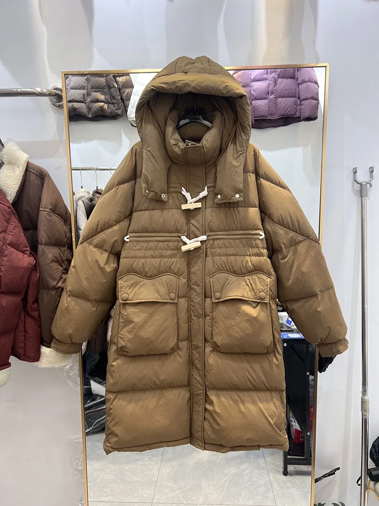 النسخة الكورية تصميم الأزياء مقنعين فضفاضة بيضاء بطة أسفل سترة المرأة منتصف طويل نمط الاتجاه الشتاء سترة جديدة أسفل