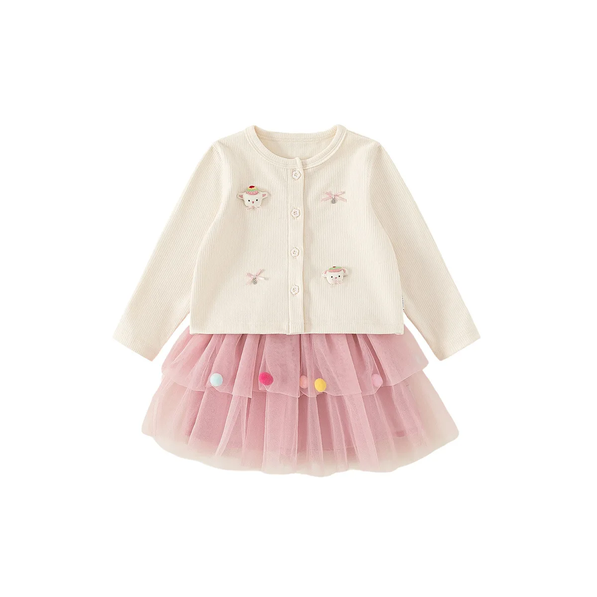 Suit Girl Long Sleeved Cardigan Mesh Fluffy Skirt Two-piece Set Pink Autumn Outfit Sweet Children's Set Trendy Fashion