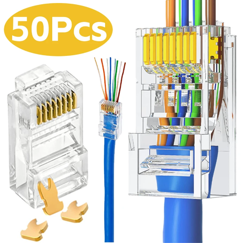 Cabo de rede Plug para PC Hardware, Cabos Ethernet, Crimp Modular, Conector CAT5 RJ45, Cat6 Pass Through Conectores, 50-1Pcs