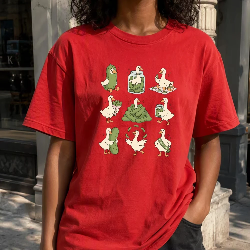 Goose Holding Cucumber Cartoon Men T-Shirt Unisex Animal Lover Tee Top Farmhouse Rustic Style Casual Apparel Gift Tops
