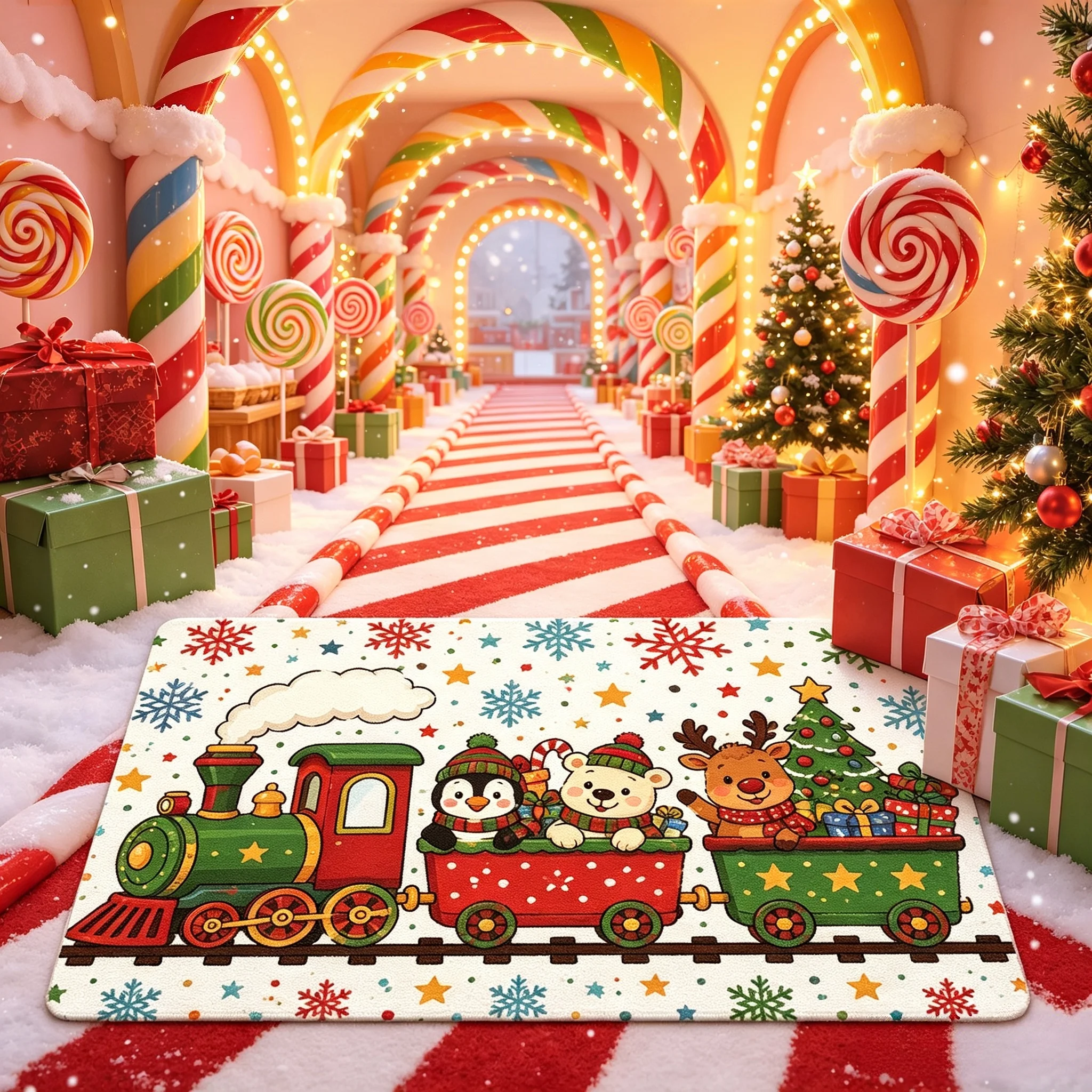 Gnome Truck Christmas Patchwork Doormat Snowman Bell Hello Winter Print Rug Indoor Entryway Mat for Holiday House Porch Styling
