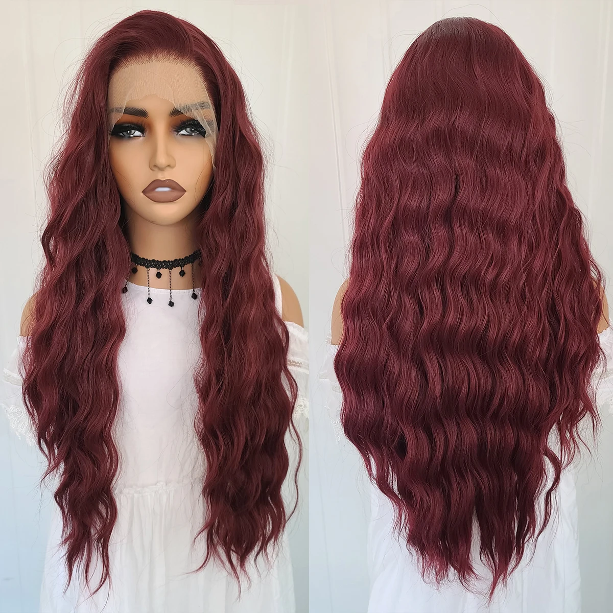 

24 inches Wavy Burgundy Lace Front Heat Resistant Fiber Wigs Women Soft Natural Party Daily Wigs
