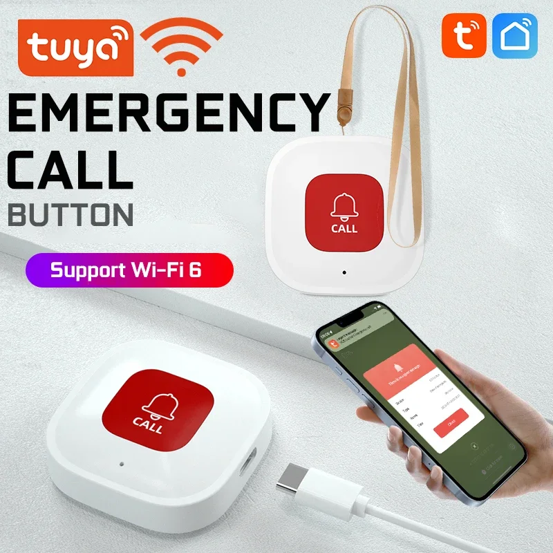 

Tuya WiFi SOS Alarm Button Battery Rechargeable Elderly Emergency Panic Button Old Man Personal Self-Defense Smart Life App Push