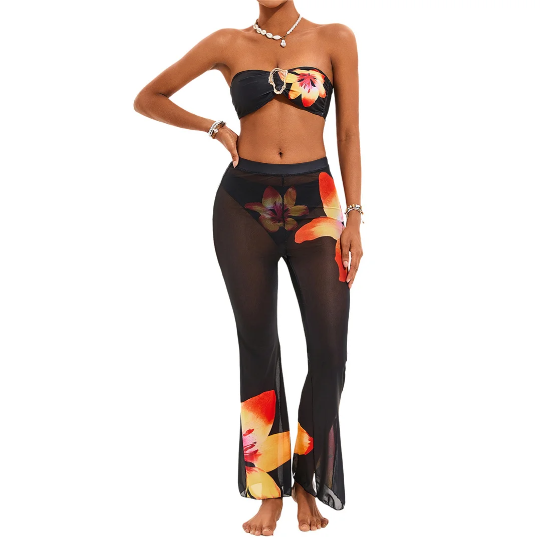 S - XL, mit Hose, Blumenmuster, Bikini, Damen-Badeanzug, dreiteiliges Bikini-Set, Damen-Badebekleidung, Badeanzug, Schwimmanzug V6553 – Detail 3