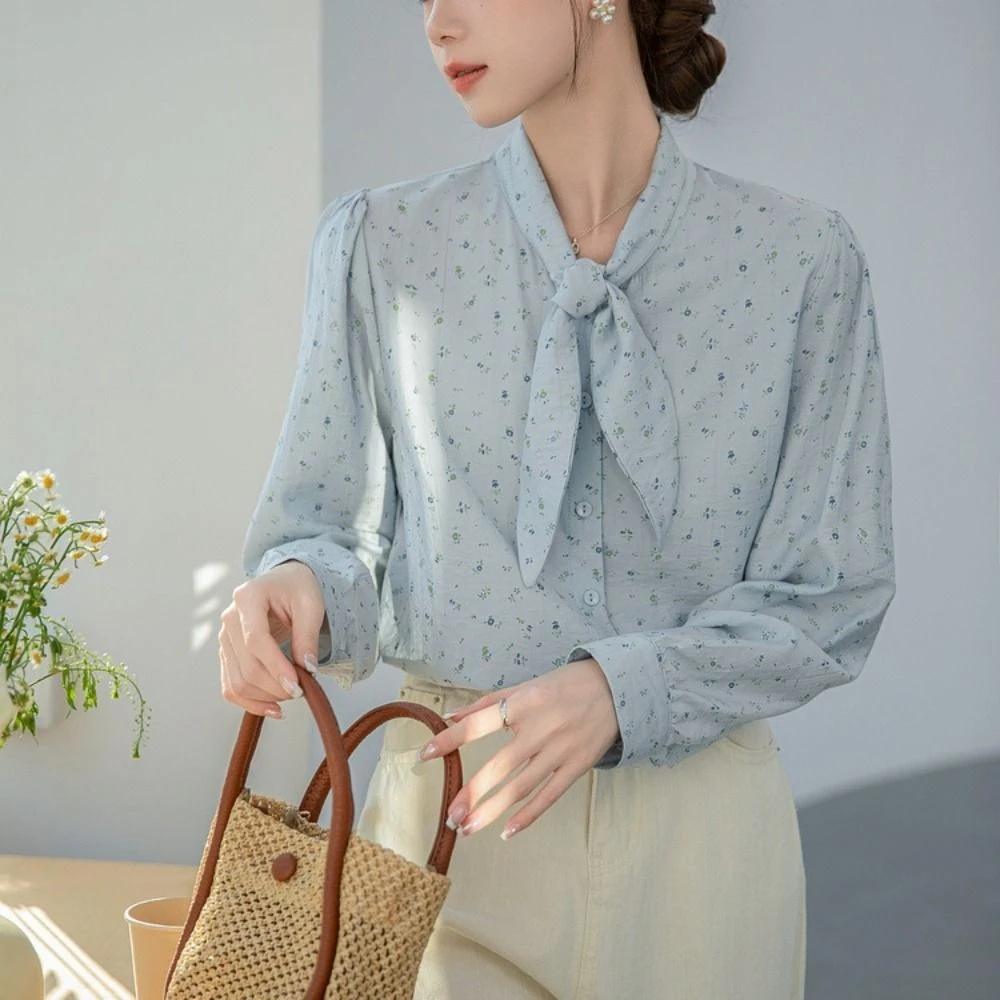 

Comfortable Sweet Blouses for Women Light Blue Bow Tie Long Sleeve Shirts Thin Loose Girls Top Office