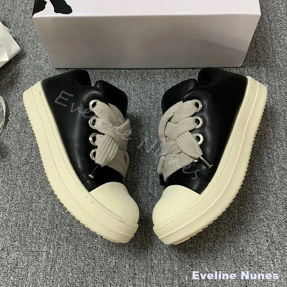 Zapatillas unisex de plataforma de cuero negro con puntera blanca, cordones anchos y gruesos, de caña baja, estilo Y2K, para calle, hip hop, casual y skate.