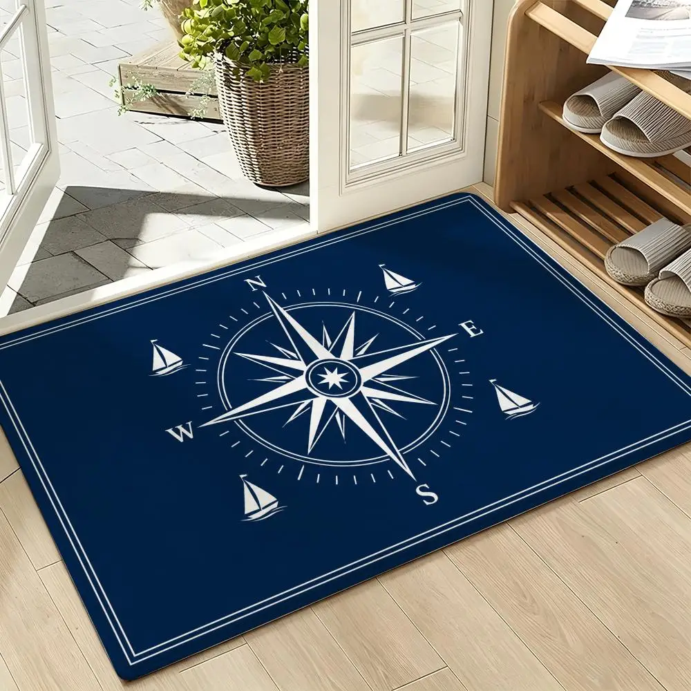 Vintage Nautical Compass Navigation Aesthetic Art Floor Mat Soft Flannel Non Slip Absorbent Entryway Bathroom Bedroom Garage