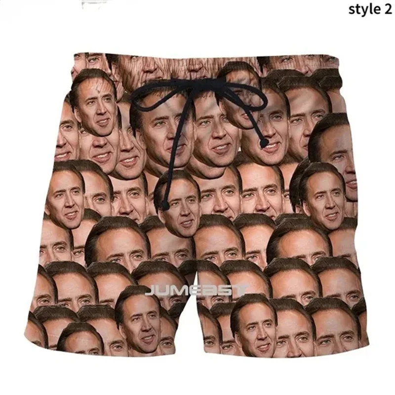 Nicolas Cage Funny Face Graphic Beach Shorts Men Cool 3D Printed Board Shorts Swimsuit Summer Hawaii Swim Trunks Kids Ice Shorts