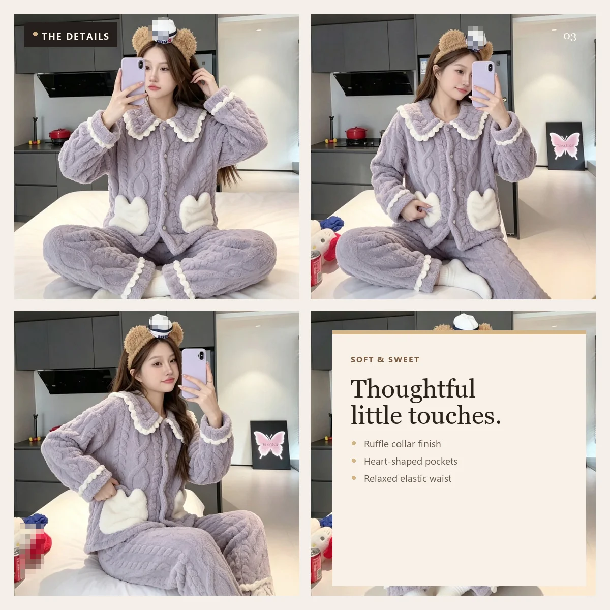 Women Cute Fleece Pajama Set Ruffle Collar Button Front Love Pocket Tops Pants Warm Cozy Winter Sleepwear Loungewear 2026 New