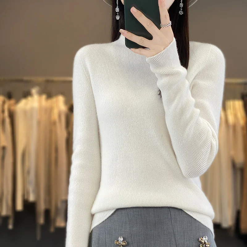 

Autumn Winter Women Sweater Turtleneck Mock Neck Pleated Long Sleeve Knitwear Pullover Half height collar Tops Female clothing