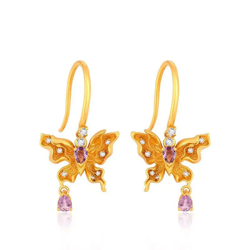 

Real 18 K Gold Color Dot Diamond Butterfly Earrings for Women Bride Engagement Birthday Wedding Fine Jewelry Long Earrings Gifts