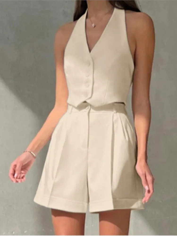

Fashion Chic Set Lady Sleeveless V Neck Halter Short Tops+High Waist Shorts 2 Piece Sets For Women Solid Holiday Streetwear New