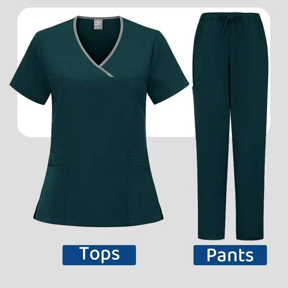 ชุดผ่าตัดสำหรับสัตวแพทย์หญิง ชุดยูนิฟอร์มสัตวแพทย์ ชุดยูนิเซ็กซ์สีพื้น ชุดคลุมมีกระเป๋า คอวี ทรงจ็อกเกอร์