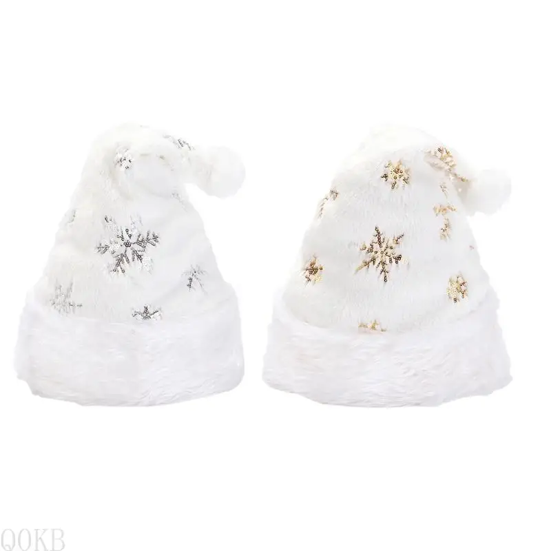 AP28 White Plush Christmas Hat   Costume for Adults Men Women with Gold/Silver Snowflake Soft Holiday Decor Supply