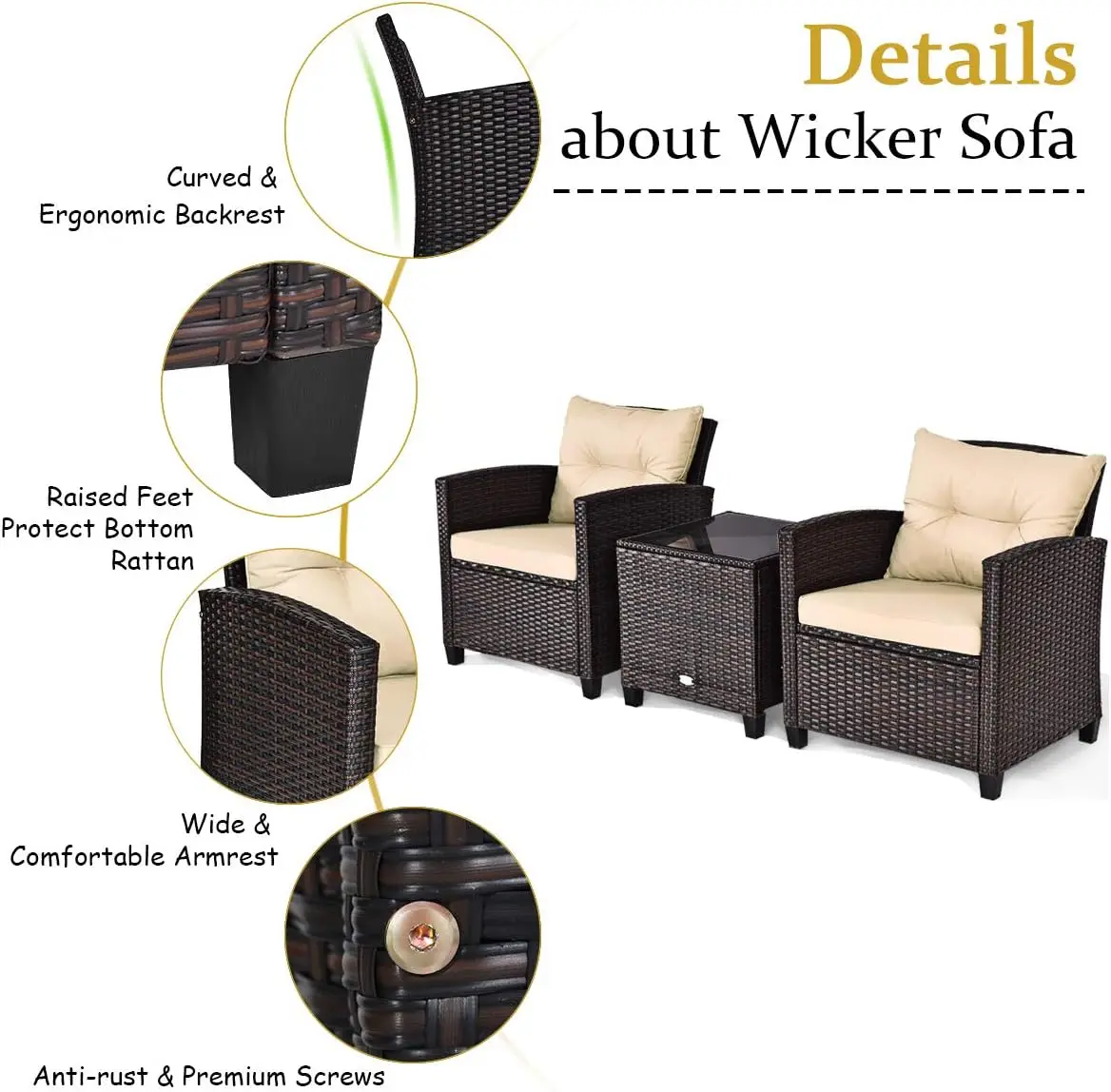 PE Rattan Wicker Outdoor Sofa Set, almofada lavável, mesa de vidro temperado, conversação Móveis