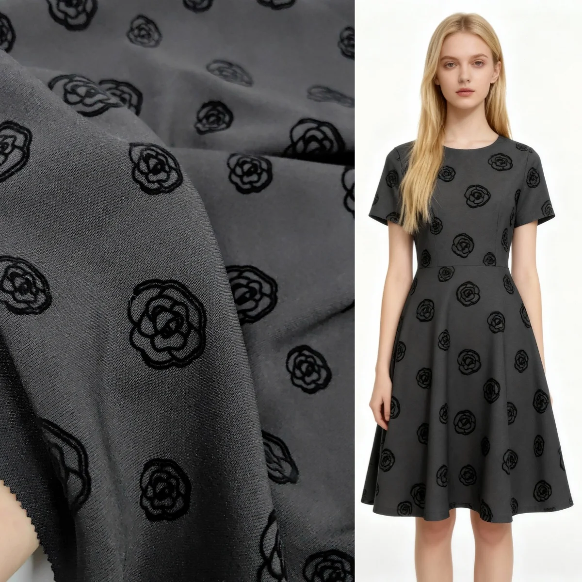 Autumn and winter black diagonal TR micro elastic fabric rose bow plush designer fabric suit skirt pants