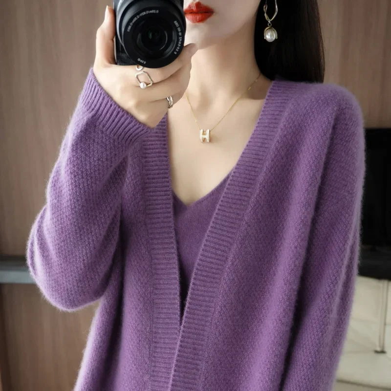 Autumn Ainter New Style V-neck 100% Pure Wool Cardigan Sweater Loose Casual Knitted Women\'s Long Sleeve Coat